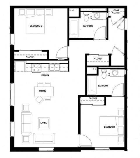 Floor plan for 2 beds, 2 baths, 1122 sqft